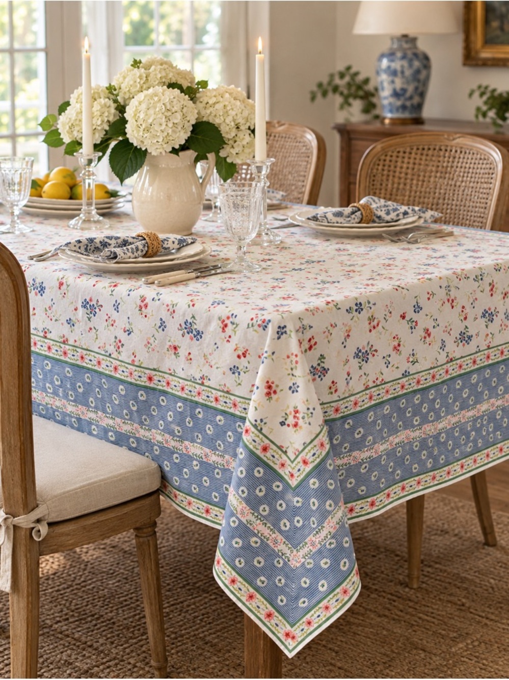 World Market 60x86” Floral Block Print Cotton Tablecloth Blue Red Cottage